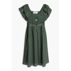 NWT BA&SH Uriel Pintucked Cotton Ruffle Sleeve Mini Dress  Army Green (1 = US 4)